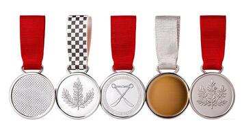 Collection of five distinct medals with red ribbons showcasing various designs and textures photo