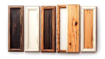 Collection of five wooden frames in various colors and textures arranged horizontally, showcasing craftsmanship photo