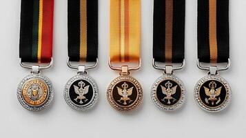 colección de cinco distinto medallas con detallado emblemas y vistoso cintas desplegado pulcramente foto