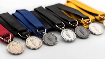 colección de medallas con vistoso cintas desplegado en un neutral fondo, exhibiendo logros foto