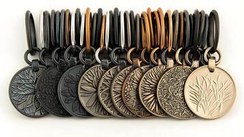 Collection of intricately designed keychains featuring various textured patterns and colors photo