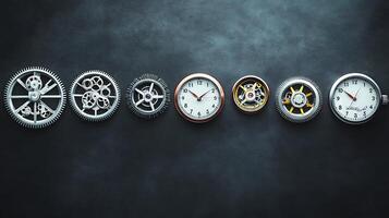 Collection of intricate clock mechanisms and timepieces displayed against a textured backdrop photo