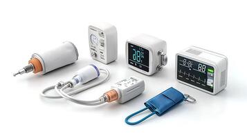Collection of modern medical devices on a white background showcasing advanced health monitoring technology photo