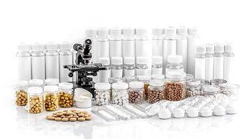 Collection of pharmaceutical containers and a microscope arranged on a white background for laboratory use photo