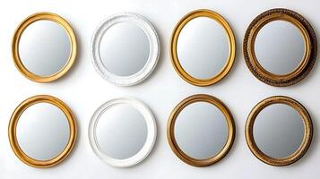 Collection of ornate round mirrors arranged in a grid on a white background, showcasing various styles photo