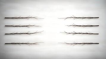 Collection of thin, dry branches arranged symmetrically on a light background for artistic use photo