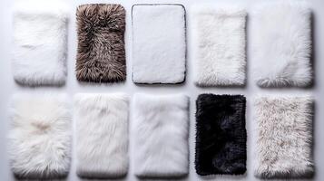 Collection of plush fur textiles arranged in a grid, showcasing various textures and colors photo