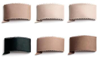 Collection of six elegant fabric ribbons in various colors and textures, ideal for crafting projects photo