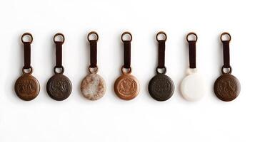 Collection of various medal designs displayed in a row against a white background photo