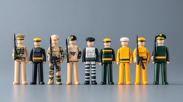 Collection of toy figurines representing various uniformed professions lined up against a gray backdrop photo