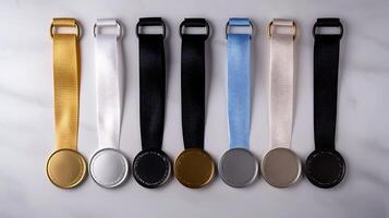 Collection of various colored medals with ribbons displayed on a marble surface, showcasing elegance photo
