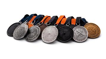 Collection of various medals with colorful ribbons displayed on a white background photo