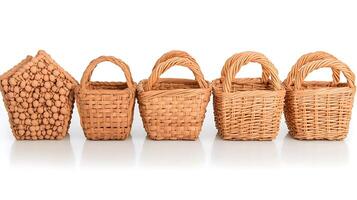 Collection of various handcrafted wicker baskets arranged neatly on a reflective surface photo