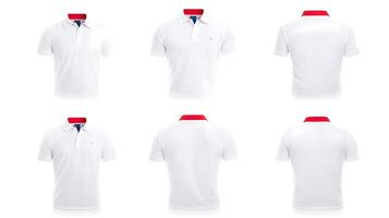 Collection of white polo shirts displayed from multiple angles on a clean background photo