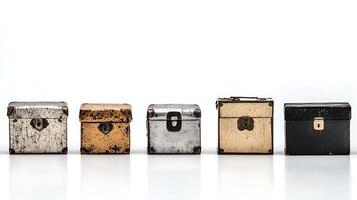 Collection of vintage storage boxes arranged in a row with a minimalistic white background photo