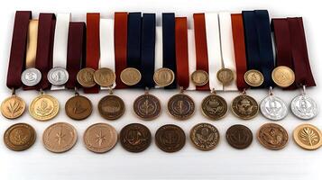 colección de varios medallas con cintas desplegado en un blanco fondo, exhibiendo logros foto