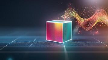 Colorful 3D cube with glowing edges and dynamic wave patterns in a digital space photo