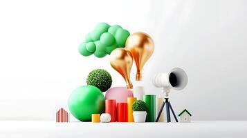 Colorful abstract composition with geometric shapes, plants, and a camera on a minimalistic background photo