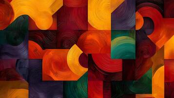 Colorful abstract composition featuring swirling patterns and geometric shapes in vibrant hues photo