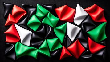Colorful abstract design featuring crumpled shapes in red, green, black, and white with textured background photo