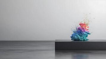 Colorful abstract explosion of paint splashes on a dark surface with a minimalist background photo