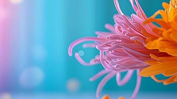 Colorful abstract flower with vibrant petals against a soft blue background, creating a serene atmosphere photo