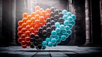 Colorful abstract molecular structure floating in a dimly lit ancient hall with stone pillars photo