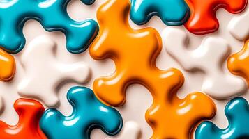 Colorful abstract puzzle pieces interlocking on a smooth surface, creating a playful design photo