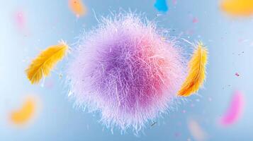 Colorful abstract representation of a fluffy sphere surrounded by vibrant feathers and particles photo