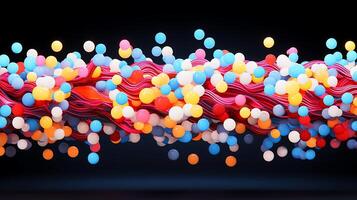 Colorful abstract representation of interconnected spheres and strands against a dark background photo