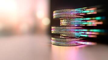 Colorful abstract representation of stacked coins with blurred lights in the background photo