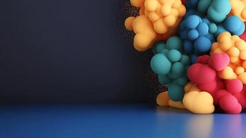 Colorful abstract shapes and bubbles clustered in a vibrant composition against a dark backdrop photo