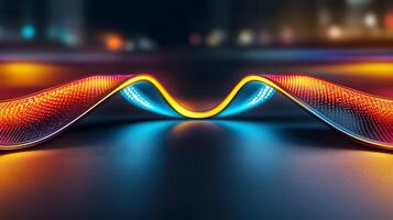 Colorful abstract wave pattern glowing in a dark environment with blurred city lights in the background photo