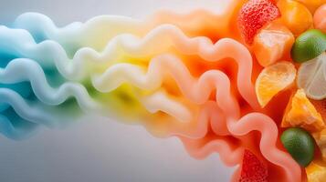 Colorful abstract waves blending with fresh fruits in a vibrant, dynamic composition photo