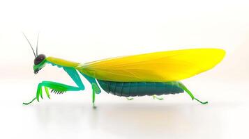 Colorful and stylized mantis with vibrant wings walking on a bright background, showcasing nature's beauty photo