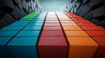 Colorful arrangement of blocks forming a vibrant pathway with textured walls in the background photo