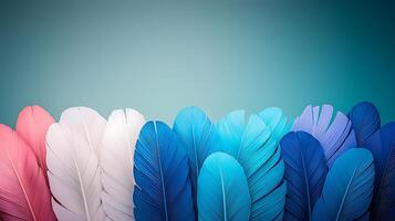 Colorful arrangement of feathers in various shades against a soft gradient background photo