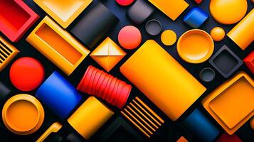 Colorful arrangement of geometric shapes in various sizes and colors on a dark background photo