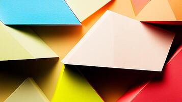 Colorful arrangement of geometric paper shapes creating a vibrant abstract background photo