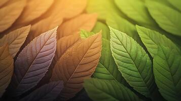 Colorful arrangement of leaves showcasing different shades and textures, with a soft gradient background photo