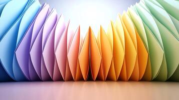 Colorful array of folded paper sheets creating a vibrant arch, with a soft light backdrop photo