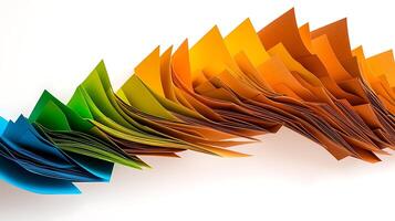 Colorful array of paper sheets cascading in vibrant hues against a white background photo