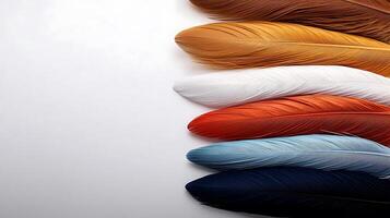 Colorful array of feathers arranged elegantly on a light background, showcasing vibrant hues and textures photo