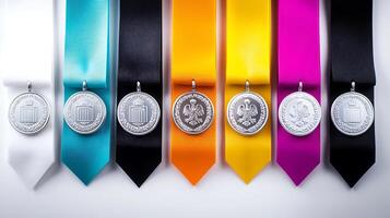 vistoso formación de medallas con cintas desplegado en un blanco fondo, simbolizando logro foto