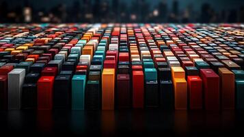 Colorful array of stacked boxes creating a vibrant urban scene at night with city skyline photo