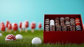 Colorful assortment of chocolates in a red box on a grassy field with candy canes in background photo