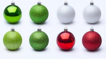 Colorful assortment of Christmas ornaments displayed on a white background for festive decor photo