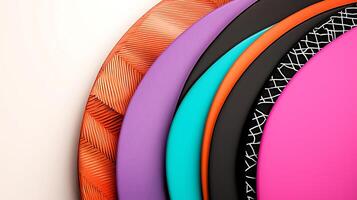 Colorful assortment of circular plates stacked with vibrant patterns against a light background photo