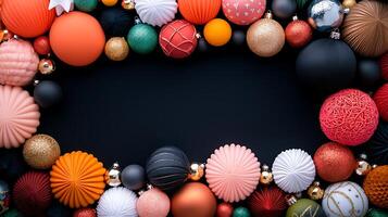 Colorful assortment of Christmas ornaments arranged in a decorative frame on a dark background photo