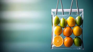 Colorful assortment of citrus fruits in a transparent bag against a soft gradient background photo